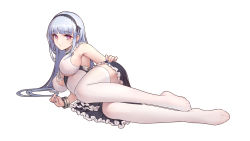 Rule 34 | 1girl, absurdres, azur lane, black hairband, blue hair, blunt bangs, breasts, closed mouth, commentary request, dido (azur lane), full body, hairband, highres, liu lan, long hair, looking at viewer, lying, medium breasts, pink eyes, simple background, solo, thighhighs, white background, white thighhighs