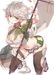 Rule 34 | 10s, 1girl, asymmetrical hair, bad id, bad twitter id, banner, bare shoulders, braid, breasts, brown thighhighs, cleavage cutout, clothing cutout, cloud print, colored eyelashes, expressionless, female focus, jitome, kantai collection, kneeling, large breasts, long hair, looking at viewer, midriff, navel, pokoten (pokoten718), silver hair, single braid, solo, thighhighs, unryuu (kancolle), very long hair, yellow eyes