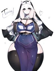 Rule 34 | 1girl, animal ears, bare hips, belt, black thighhighs, black veil, blue eyes, bracelet, breasts, chain, cleavage, cleavage cutout, clothing cutout, cross, dress, ear piercing, furry, furry female, goat ears, goat girl, goat horns, heart, heart-shaped pupils, highres, horns, huge breasts, jewelry, looking at viewer, nun, piercing, purple dress, side slit, spiked bracelet, spikes, symbol-shaped pupils, thick thighs, thighhighs, thighs, togetoge, toriel, underboob, underboob cutout, undertale, veil, white fur, wide hips