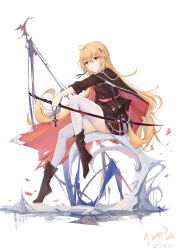 Rule 34 | 1girl, absurdres, belt, black coat, black skirt, blade, blonde hair, boots, cloak, coat, highres, holding, holding sword, holding weapon, long hair, looking at viewer, orange eyes, original, petals, simple background, sitting, sitting on object, skirt, solo, sword, thighhighs, uniform, very long hair, weapon, white background, white thighhighs, yajuu