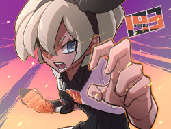 Rule 34 | 1girl, bea (pokemon), black bodysuit, black hairband, blue eyes, bodysuit, bodysuit under clothes, character name, clenched hand, collared shirt, commentary request, creatures (company), dark-skinned female, dark skin, dynamax band, eyelashes, fighting stance, fingernails, game freak, gloves, grey hair, gym leader, hair between eyes, hairband, highres, mori sau, nintendo, open mouth, pokemon, pokemon swsh, print shirt, shirt, short hair, short sleeves, single glove, solo, teeth, tied shirt, tongue