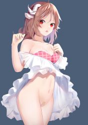 Rule 34 | 1girl, absurdres, animal ears, arknights, bandaid, bandaid on pussy, bikini, bikini top only, blue background, bottomless, breasts, brown hair, cleavage, cowboy shot, eyjafjalla (arknights), eyjafjalla (summer flower) (arknights), hands up, highres, horns, huge filesize, kotoha (kotoha65), long hair, looking at viewer, medium breasts, navel, official alternate costume, open mouth, pink bikini, red eyes, sarong, sheep ears, sheep girl, sheep horns, simple background, solo, swimsuit, swimsuit cover-up, white sarong