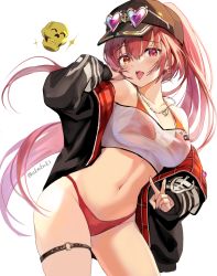 Rule 34 | 1girl, akamoku, baseball cap, bikini, black hat, black jacket, blush, commentary request, cowboy shot, crop top, earrings, eyewear on headwear, floating hair, hair between eyes, halterneck, hat, heart, heart earrings, heart necklace, heterochromia, highres, hololive, houshou marine, jacket, jewelry, long hair, long sleeves, looking at viewer, navel, necklace, off shoulder, open clothes, open jacket, open mouth, orange eyes, ponytail, red bikini, red eyes, red hair, see-through, simple background, skull, solo, standing, stomach, string bikini, sunglasses, swimsuit, tongue, tongue out, twitter username, v, very long hair, virtual youtuber, white background