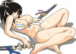 Rule 34 | 10s, 1girl, asuka (senran kagura), bare legs, bare shoulders, barefoot, bikini, breasts, brown eyes, brown hair, cleavage, front-tie top, hair ribbon, large breasts, lying, moccy48, multicolored bikini, multicolored clothes, navel, on back, open mouth, ponytail, ribbon, senran kagura, side-tie bikini bottom, simple background, solo, sweat, swimsuit, sword, thighs, weapon, white background
