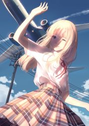 Rule 34 | 1girl, arm up, blonde hair, blue eyes, blue sky, boeing 787, brown skirt, caidychen, cloud, collared shirt, commentary, contrail, cowboy shot, day, floating hair, from below, highres, lipgloss, lipstick, long hair, makeup, neck ribbon, one eye closed, original, outdoors, parted lips, pink lips, plaid, plaid skirt, power lines, red ribbon, ribbon, school uniform, shade, shading eyes, shirt, shirt tucked in, short sleeves, skirt, sky, smile, solo, standing, utility pole, white shirt, wing collar, yellow skirt