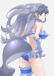 Rule 34 | 1girl, american manatee (kemono friends), aqua eyes, ass, bare shoulders, bikini, blue bikini, braid, breasts, bridal garter, cetacean tail, commentary, cowboy shot, fins, fish tail, frilled bikini, frilled garter, frills, from behind, gloves, grey background, grey gloves, grey hair, hands on own hips, highres, kemono friends, large breasts, long hair, looking at viewer, looking back, side braids, simple background, smile, solo, swimsuit, tail, tanabe (fueisei), twin braids