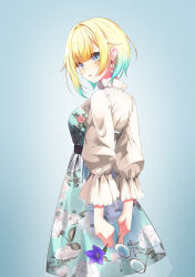 Rule 34 | 1girl, absurdres, aizawa ema, arms behind back, belt, blonde hair, blue background, blue eyes, blue hair, blunt bangs, breasts, collared dress, dot nose, dress, earrings, floral print, flower, glasses, gradient background, gradient hair, hair flaps, highres, holding, holding flower, jewelry, large breasts, looking at viewer, multicolored hair, nouto, open mouth, purple flower, short hair, simple background, solo, unworn eyewear, virtual youtuber, vspo!
