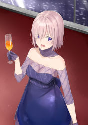 Rule 34 | 1girl, absurdres, arm at side, bare shoulders, blush, breasts, cleavage, collarbone, commentary request, cup, detached collar, dress, drink, drinking glass, eyes visible through hair, fate/grand order, fate (series), from below, gloves, hair over one eye, highres, indoors, k-ya., looking away, looking to the side, mash kyrielight, mash kyrielight (chaldea dinnertime), medium breasts, off-shoulder dress, off shoulder, official alternate costume, open mouth, pink hair, purple eyes, purple gloves, purple legwear, short hair, solo, standing