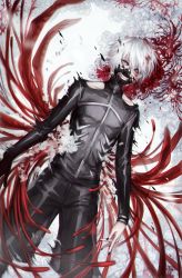 Rule 34 | 1boy, avodkabottle, black jacket, black nails, black pants, blood, claws, colored sclera, commentary, flower, gloves, hair between eyes, heterochromia, highres, jacket, kaneki ken, long sleeves, looking at viewer, lying, male focus, mask, mouth mask, nail polish, on back, pants, red sclera, single glove, solo, tokyo ghoul, torn clothes, white hair, yellow eyes