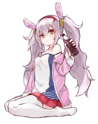 1girl absurdres animal_ears azur_lane bad_id bad_pixiv_id bottle camisole catumi_(ta938_ka23) closed_mouth cola fake_animal_ears full_body hair_between_eyes highres holding holding_bottle jacket laffey_(azur_lane) long_hair long_sleeves no_shoes off_shoulder open_clothes open_jacket pink_jacket pleated_skirt rabbit_ears red_skirt simple_background sitting skirt solo strap_slip thighhighs twintails white_background white_hair white_thighhighs yellow_eyes