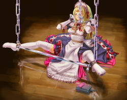 Rule 34 | 1girl, bdsm, blonde hair, blue eyes, blush, bondage, bound, breasts squeezed together, breasts, chain, collar, cuffs-to-collar, elbow gloves, feet, gloves, highres, itou tatsuya, legs, long hair, maid, original, rope, sex toy, slave, solo, spreader bar, tears, thighhighs, vibrator, white thighhighs