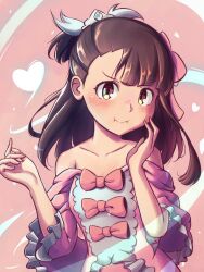 Rule 34 | 1girl, bare shoulders, blush, brown hair, collarbone, commentary request, dress, hair ornament, heart, highres, kagari atsuko, little witch academia, long hair, madabau, pink dress, ponytail, red eyes, ribbon, solo, strapless, strapless dress