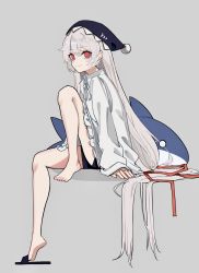 Rule 34 | 1girl, alternate costume, arknights, bare legs, barefoot, black footwear, black hat, black shorts, closed mouth, cube (cuberoot-of-e), full body, grey background, grey hair, hat, highres, knee up, long hair, long sleeves, looking at viewer, red eyes, shirt, shorts, simple background, sitting, slippers, smile, solo, specter (arknights), stuffed animal, stuffed shark, stuffed toy, very long hair, white shirt