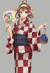 Rule 34 | 1girl, :d, alternate costume, bag, blush, breasts, brown hair, flower, grey background, hair flower, hair ornament, hand fan, highres, holding, holding bag, holding fan, japanese clothes, kantai collection, kanzashi, kimono, kinchaku, kongou (kancolle), konkito, long hair, long sleeves, looking at viewer, obi, open mouth, paper fan, pouch, purple eyes, sash, sidelocks, simple background, smile, solo, teeth, uchiwa, upper teeth only, wide sleeves, yukata