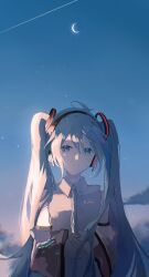 Rule 34 | 1girl, absurdres, aqua eyes, aqua hair, aqua necktie, bare shoulders, black sleeves, blue sky, closed mouth, cloud, cloudy sky, collared shirt, commentary, crescent moon, detached sleeves, grey shirt, hatsune miku, hatsune miku (nt), headphones, highres, long hair, looking at viewer, moon, necktie, outdoors, own hands together, piapro, shirt, sky, sleeveless, sleeveless shirt, smile, solo, symbol-only commentary, twintails, upper body, vocaloid, wide sleeves, yurun (yurun ume)