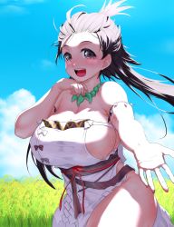 Rule 34 | 1girl, bare shoulders, body markings, breasts, brown eyes, brown hair, dress, facial mark, fate/grand order, fate (series), forehead, forehead mark, highres, himiko (fate), himiko (first ascension) (fate), huge breasts, jewelry, long hair, looking at viewer, magatama, magatama necklace, necklace, no bra, no panties, onsoku inu, open mouth, sash, side slit, sideboob, solo, thighs, topknot, twintails, white dress