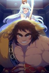 Rule 34 | 1boy, 1girl, animal, animal on head, artemis (fate), bare pectorals, bear, blush, bow (weapon), breasts, brown eyes, brown hair, cleavage, closed eyes, commentary request, dress, echo (circa), fate/grand order, fate (series), fingerless gloves, gauntlets, gloves, hair between eyes, holding, holding weapon, large breasts, long hair, looking at viewer, muscular, on head, open mouth, orion (bear) (fate), pectorals, pelt, shaded face, short hair, silver hair, strapless, strapless dress, stuffed animal, stuffed toy, super orion (fate), teddy bear, teeth, weapon