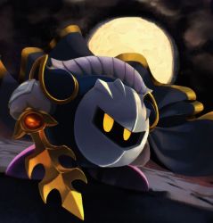 Rule 34 | armor, cape, dutch angle, floating cape, full body, full moon, galaxia (sword), gender request, gloves, gold trim, highres, holding, holding sword, holding weapon, kirby (series), mask, meta knight, moon, night, nintendo, no humans, pauldrons, purple footwear, shadow, shoulder armor, solo, suyasuyabi, sword, weapon, yellow eyes