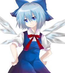 Rule 34 | blue eyes, blue hair, bow, cirno, hair bow, hand on own hip, hands on own hips, highres, ice, ice wings, jio (nayutarooo), loveeater, necktie, short hair, short sleeves, smile, solo, touhou, wings