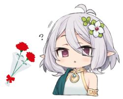 Rule 34 | 1girl, ?, antenna hair, bouquet, carnation, cropped torso, elf, flower, grey hair, hair flower, hair ornament, kokkoro (princess connect!), moru (monaka), mother&#039;s day, parted lips, pointy ears, princess connect!, princess connect!, purple eyes, red carnation, red flower, short hair, simple background, solo, upper body, white background