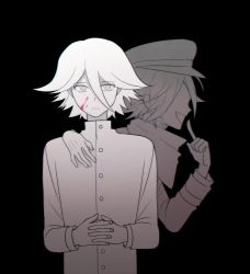Rule 34 | 2boys, bad id, bad twitter id, black background, blood, blood on face, checkered clothes, checkered scarf, closed mouth, commentary request, danganronpa (series), danganronpa v3: killing harmony, dual persona, expressionless, foreshortening, greyscale, hair between eyes, hat, highres, interlocked fingers, jacket, long sleeves, looking at viewer, male focus, monochrome, multiple boys, open mouth, oma kokichi, peaked cap, pink blood, scarf, short hair, silver hair, spot color, upper body, wonchul
