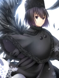Rule 34 | 1girl, black capelet, black dress, black eyes, black feathers, black gloves, black hair, black hat, black wings, capelet, closed mouth, commentary request, dress, feathered wings, feathers, fur-trimmed capelet, fur-trimmed headwear, fur collar, fur hat, fur trim, gloves, hat, highres, kuonji alice, long sleeves, looking at viewer, mahou tsukai no yoru, short hair, simple background, ushanka, vent vert (kuuya), white background, wings