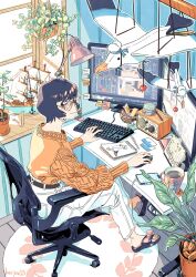 Rule 34 | 1girl, anchor, belt, bird, black hair, brown belt, cable knit, calendar (object), cellphone, chair, charging device, closed mouth, coaster, coffee mug, commentary, crossed legs, cup, desk, fingernails, glasses, hat, highres, indoors, kariya (kry aia), keyboard (computer), lamp, looking at viewer, model ship, monitor, mouse, mug, nail polish, notepad, office chair, on chair, original, pants, pencil, phone, pink nails, plant, potted plant, radio, rug, sail, sailor hat, sandals, seagull, shoe dangle, short hair, signature, solo, sticky note, sunlight, sweater, swivel chair, toenail polish, toenails, typing, white pants, window, windowsill