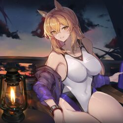 Rule 34 | 1girl, absurdres, animal ear fluff, animal ears, arknights, blonde hair, blush, breasts, cloud, cloudy sky, collarbone, competition swimsuit, covered navel, dusk, hair between eyes, highres, horse ears, horse girl, infection monitor (arknights), jacket, kingdom of kazimierz logo, lantern, large breasts, long hair, looking at viewer, molyb, nearl (arknights), nearl (shimmering dew) (arknights), off shoulder, official alternate costume, one-piece swimsuit, open clothes, orange eyes, parted lips, sideboob, sitting, skin tight, sky, solo, star (sky), starry sky, swimsuit, swimsuit cover-up, thighs, white one-piece swimsuit