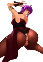 Rule 34 | 1girl, all fours, anus, arisawa masaharu, armlet, ass, ayane (doa), blush, brown eyes, clitoris, dead or alive, female focus, female pubic hair, pantyhose, pubic hair, purple hair, pussy, simple background, solo, spread legs, tecmo, torn clothes, torn pantyhose, uncensored, white background