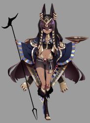 Rule 34 | 1girl, animal ears, ankh, bad id, bad twitter id, belt, bike shorts, black hair, breasts, cape, closed mouth, dark-skinned female, dark skin, ear piercing, earrings, egyptian, egyptian clothes, full body, grey background, hair between eyes, hair tubes, highres, holding, jewelry, long hair, looking at viewer, midriff, navel, neck ring, original, piercing, pink eyes, plate, samei ikusa, simple background, small breasts, solo, staff, very long hair