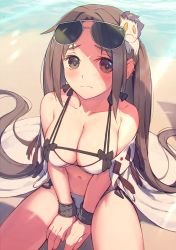 Rule 34 | 1girl, bare shoulders, bikini, breasts, brown eyes, brown hair, cleavage, closed mouth, collarbone, earrings, eyewear on head, fate/grand order, fate (series), hair ornament, jewelry, long hair, medium breasts, multiple earrings, navel, rotix, shore, solo, sunglasses, swimsuit, thighs, twintails, very long hair, white bikini, yu mei-ren (fate), yu mei-ren (swimsuit lancer) (fate)
