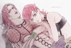 Rule 34 | 1boy, 1girl, bare shoulders, black tube top, closed mouth, diavolo, father and daughter, green eyes, jojo no kimyou na bouken, kayaze, lips, long hair, looking at viewer, lying, muscular, muscular male, on back, on stomach, pants, pink hair, pink lips, purple pants, strapless, trish una, tube top, vento aureo
