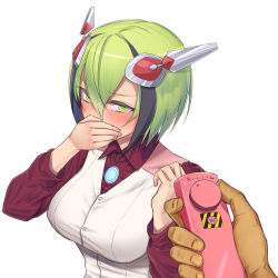 Rule 34 | 10s, 1girl, blush, breasts, covering own mouth, dimension w, green eyes, green hair, hair ornament, mob3, multicolored hair, short hair, vest, yurizaki mira