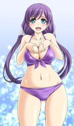Rule 34 | 10s, 1girl, bikini, breasts, cleavage, gluteal fold, green eyes, heart, heart hands, large breasts, long hair, love live!, love live! school idol festival, love live! school idol project, purple bikini, purple hair, solo, swimsuit, tonpuu, tojo nozomi, twintails, wide hips