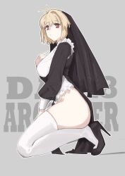 Rule 34 | absurdres, ahoge, arcueid brunestud, ass, black footwear, black robe, blonde hair, bottomless, breasts, commentary, english commentary, grey background, habit, high heels, highres, jonyeld, large breasts, nun, red eyes, revealing clothes, robe, short hair, single hair intake, thighhighs, tsukihime, tsukihime (remake), white thighhighs