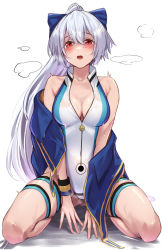 Rule 34 | 1girl, absurdres, bare shoulders, blue bow, blue jacket, blue one-piece swimsuit, bow, breasts, cleavage, collarbone, fate/grand order, fate (series), hair between eyes, hair bow, highleg, highleg swimsuit, highres, jacket, kneeling, large breasts, long hair, looking at viewer, off shoulder, one-piece swimsuit, open clothes, open jacket, open mouth, ponytail, red eyes, short sleeves, solo, swimsuit, thigh strap, thighs, tomoe gozen (fate), tomoe gozen (swimsuit saber) (fate), tomoe gozen (swimsuit saber) (first ascension) (fate), two-tone swimsuit, white hair, white one-piece swimsuit, yoshimoto (carpsukidayo)
