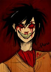 Rule 34 | .flow, 1boy, artist request, black hair, bleeding, blood, bloody tears, colored sclera, copyright name, crazy eyes, crazy smile, creepy, evil grin, evil smile, facial tattoo, grin, looking at viewer, male focus, nosebleed, red sclera, short hair, smile, smile (.flow), solo, tattoo, upper body