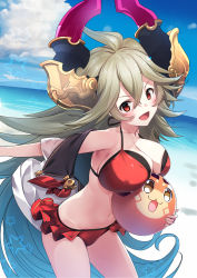 Rule 34 | 1girl, ahoge, ball, beach, beachball, big hair, bikini, blouse, blue sky, blush, breasts, cleavage, cloud, commentary request, day, draph, granblue fantasy, grey hair, hair between eyes, halterneck, highres, holding, holding ball, horns, large breasts, long hair, looking at viewer, navel, ocean, open mouth, outdoors, red bikini, red eyes, see-through, shirt, sky, solo, standing, star (symbol), strap gap, swimsuit, threo (eternal&#039;s summer vacation) (granblue fantasy), threo (granblue fantasy), undressing, very long hair, water, white shirt, yamacchi