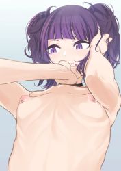Rule 34 | 1girl, absurdres, blue background, breasts, choker, female focus, highres, idolmaster, idolmaster shiny colors, looking away, nail polish, nipple piercing, nipples, piercing, pink nails, purple eyes, purple hair, q (ed69), small breasts, solo, tanaka mamimi, twintails, upper body