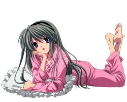 Rule 34 | 00s, 1girl, barefoot, clannad, full body, legs up, long hair, lying, on stomach, pajamas, sakagami tomoyo, simple background, solo, the pose