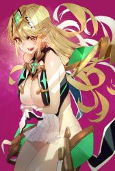 Rule 34 | 1girl, blonde hair, blush, breasts, cleavage, dress, gloves, highres, jewelry, large breasts, long hair, looking at viewer, mythra (xenoblade), nintendo, signo aaa, simple background, solo, xenoblade chronicles (series), xenoblade chronicles 2, xenoblade chronicles (series), xenoblade chronicles 2, yellow eyes