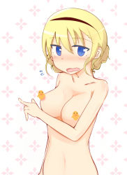 Rule 34 | 1girl, bird, blonde hair, blue eyes, blush, breasts, censored, censored nipples, chick, collarbone, erua, hairband, honda takashi (enorea), large breasts, navel, noble witches, novelty censor, nude, open mouth, rosalie de hemricourt de grunne, solo, strike witches, world witches series
