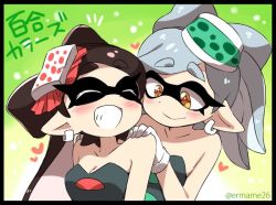 Rule 34 | &gt; &lt;, + +, 2girls, :d, artist name, bare shoulders, black border, black hair, blush, border, breasts, callie (splatoon), cleavage, closed eyes, commentary request, dress, earrings, eromame, eyebrows, gloves, gradient background, grey hair, hair bun, heart, inkling, jewelry, long hair, marie (splatoon), massage, multiple girls, nintendo, open mouth, pointy ears, single hair bun, smile, splatoon (series), splatoon 1, symbol-shaped pupils, tentacle hair, thick eyebrows, translation request, white gloves, xd