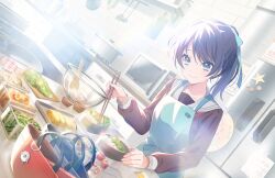 Rule 34 | 1girl, animal charm, apron, baking sheet, beans, bento, bird, blue bag, blue eyes, blue hair, blue ribbon, brown dress, calendar (object), chopsticks, closed mouth, cooking pot, cutting board, dark blue hair, dress, dutch angle, food, food request, fruit, frying pan, game cg, green apron, hair ribbon, handkerchief, hasu no sora school uniform, high ponytail, highres, holding, holding chopsticks, kitchen, lens flare, lettuce, link! like! love live!, long hair, long sleeves, looking at object, love live!, magnet, microwave, mixing bowl, mole, mole on neck, murano sayaka, neckerchief, official alternate hairstyle, official art, omelet, orange (fruit), paper, penguin, pepper shaker, red bag, red neckerchief, refrigerator, refrigerator magnet, ribbon, rice, sailor collar, sailor dress, salmon, salt shaker, school uniform, sink, smile, solo, soup ladle, spatula, stove, tamagoyaki, third-party source, virtual youtuber, white sailor collar, winter uniform