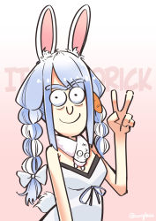 Rule 34 | 1girl, animal ear fluff, animal ears, artist name, bare shoulders, blue hair, bow, braid, carillus, carrot hair ornament, commentary, don-chan (usada pekora), english commentary, food-themed hair ornament, gradient background, hair bow, hair ornament, hand up, highres, hololive, long hair, looking at viewer, multicolored hair, o3o, parody, pink background, pun, rabbit ears, rabbit girl, ribbon, rick and morty, scarf, simple background, smile, solo, style parody, thick eyebrows, twin braids, two-tone hair, unibrow, usada pekora, usada pekora (1st costume), v, virtual youtuber, white bow, white hair, white ribbon