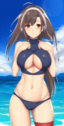 Rule 34 | 1girl, anchor hair ornament, arcie albano, azur lane, bikini, blush, breasts, brown hair, cleavage, cleavage cutout, clothing cutout, cloud, commentary, day, hair ornament, headband, highleg, highleg bikini, highres, independence (azur lane), island, large breasts, long hair, looking at viewer, navel, ocean, ponytail, red eyes, single thighhigh, sky, solo, swimsuit, thighhighs, water, wet