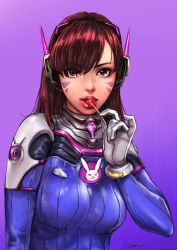Rule 34 | 1girl, absurdres, bodysuit, breasts, brown hair, candy, d.va (overwatch), facepaint, facial mark, food, gloves, gtolin chang, hair over one eye, headphones, high collar, highres, lips, lollipop, long hair, making-of available, medium breasts, overwatch, overwatch 1, pilot suit, pink lips, purple background, ribbed bodysuit, skin tight, solo, swept bangs, tongue, whisker markings, white gloves