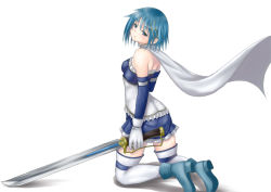 Rule 34 | 10s, armband, blue eyes, blue hair, cape, fortissimo, full body, gloves, hair ornament, hairclip, kneeling, looking back, magical girl, mahou shoujo madoka magica, mahou shoujo madoka magica (anime), mahou shoujo madoka magica movie 1 &amp; 2, miki sayaka, muffin (sirumeria), musical note, musical note hair ornament, short hair, simple background, solo, sword, thighhighs, weapon, white background, zettai ryouiki