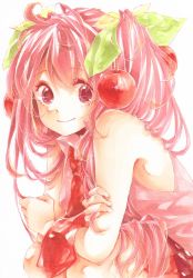 Rule 34 | 1girl, cherry, food, fruit, hatsune miku, kawana (spicaboy), long hair, necktie, pink eyes, pink hair, sakura miku, smile, solo, spicaboy, vocaloid