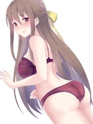Rule 34 | 1girl, absurdres, ass, back, blush, bow, bra, breasts, brown eyes, brown hair, closed mouth, cowboy shot, dutch angle, from side, hair between eyes, hair bow, highres, himouto! umaru-chan, kongou kanau, koumei (twinameless), lace, lace-trimmed bra, lace-trimmed panties, lace trim, large breasts, long hair, looking at viewer, looking to the side, panties, red bra, red panties, simple background, solo, standing, underwear, very long hair, white background, yellow bow
